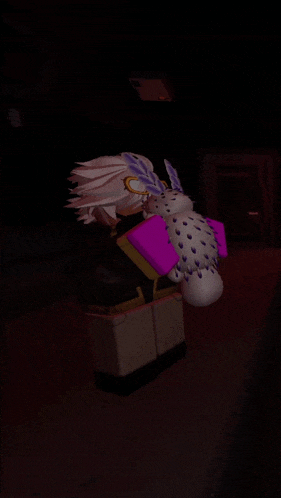 a cartoon character is holding a purple and white item