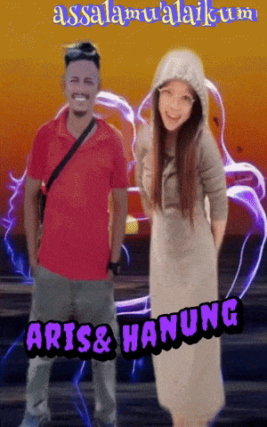 a man and a woman standing next to each other with the words aris & hanung on the bottom right
