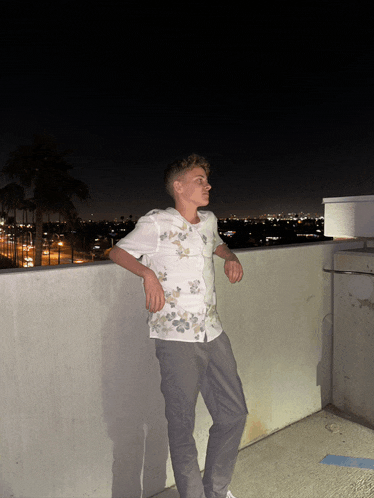 a young man leans against a wall with a city in the background