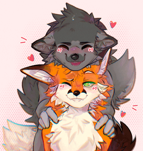 a cartoon drawing of a wolf and a fox with hearts around them