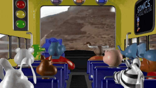 the inside of a sonic the hedgehog bus with cartoon characters on it