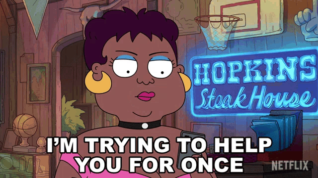 a cartoon woman is standing in front of a hopkins steakhouse sign