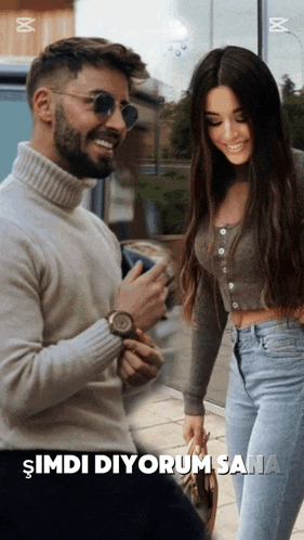 a man and a woman standing next to each other with the words şimdi diyorum sana written on the bottom
