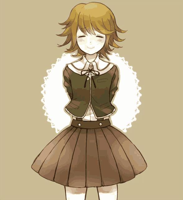 a drawing of a girl wearing a green jacket and brown pleated skirt
