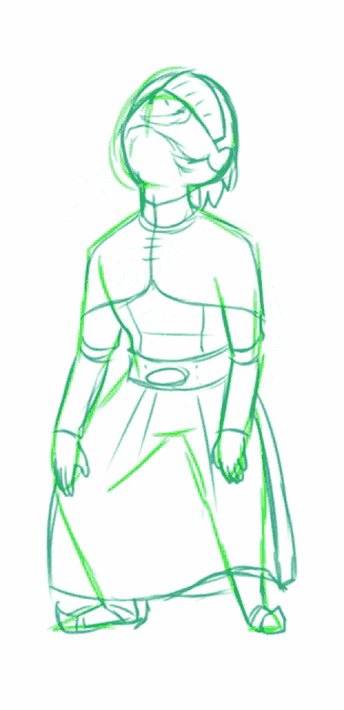 a drawing of a person wearing a green dress and a green cape