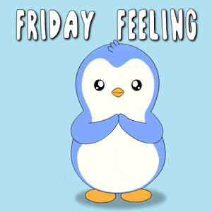 a penguin is standing in front of a blue background with the words friday feeling above it