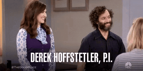a man and a woman are standing next to each other and the man is saying derek hoffstetler , p.i.