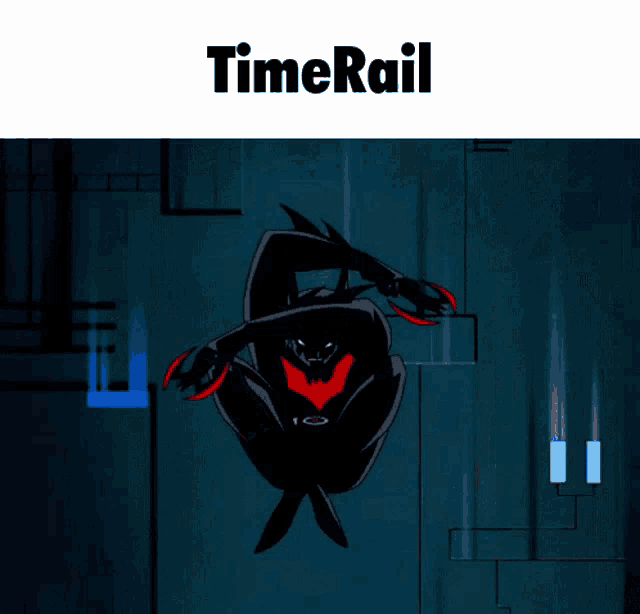 a cartoon of a batman with the words timerail written above him