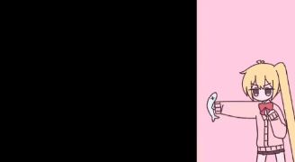 a cartoon of a girl holding a fish in her hand on a pink background .