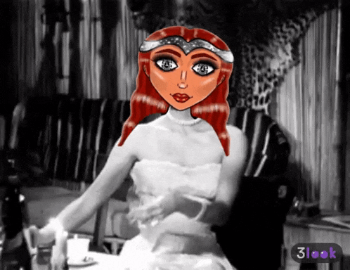 a cartoon of a woman in a white dress with a 3look watermark on the bottom