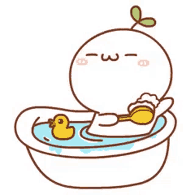 a cartoon character is taking a bath with a rubber duck and a spoon .