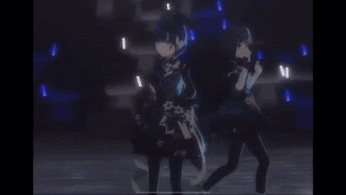 a couple of anime characters are dancing together in a dark room .