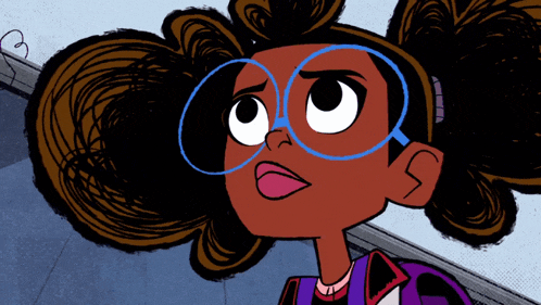 a cartoon of a girl wearing glasses and a purple shirt