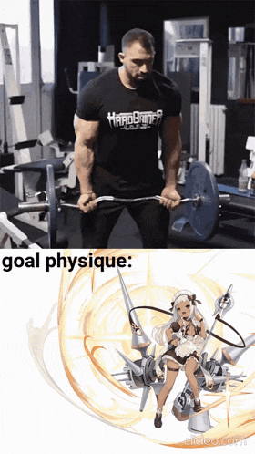 a man in a hardgainer shirt is lifting a barbell next to a picture of a girl