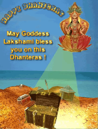 a happy dhanteras greeting card with a treasure chest in the sand