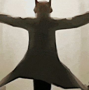 a person is standing in front of a white curtain with their arms outstretched .