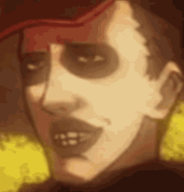 a close up of a cartoon character 's face with a red hat .