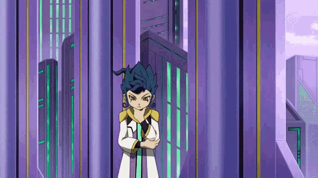 a cartoon character is standing in front of a building with a purple fence