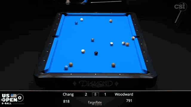 a pool table with a blue cloth that says ' diamond ' on it