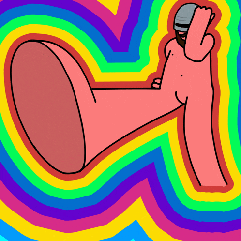 a cartoon drawing of a naked man with a rainbow colored background