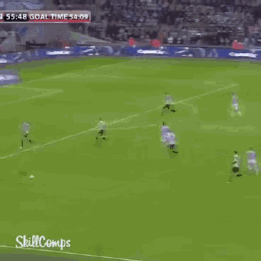 a soccer game is being played on a field with a capital one ad in the background .