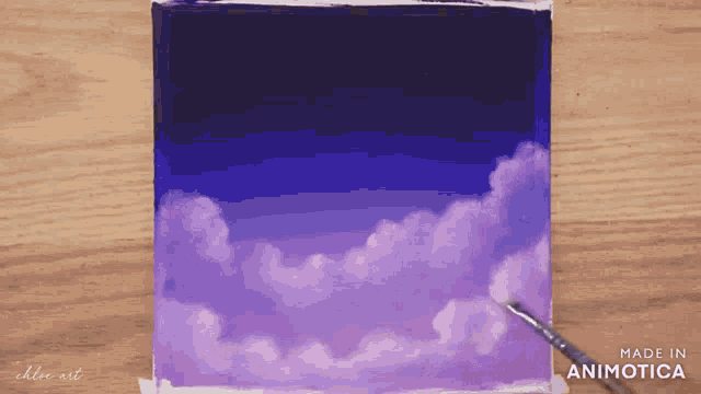 a painting of purple clouds on a wooden table made in animatica