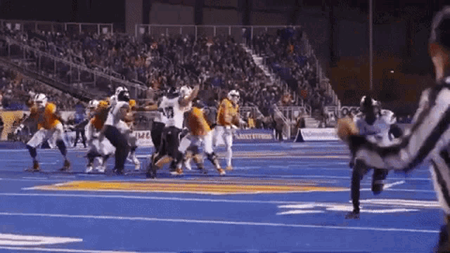 a football game is being played on a field with a stadium full of people
