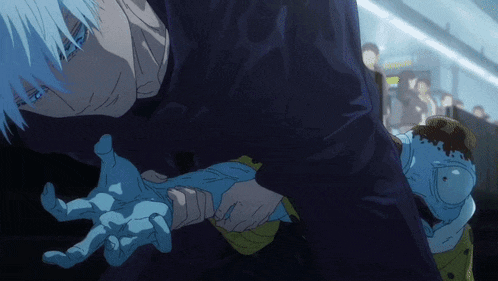 a man with white hair and blue eyes is holding another man 's arm
