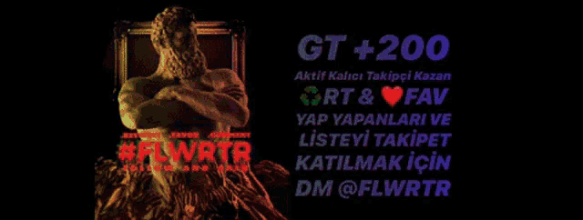 a poster with a statue and the words gt +200 on it