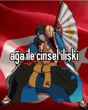 a cartoon character with a fan and the words aga ile cinsel ilişki on the bottom