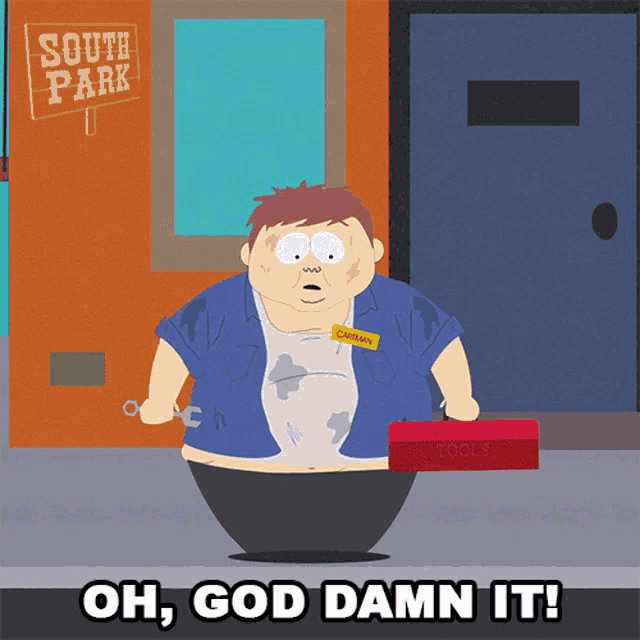a cartoon character from south park is holding a toolbox