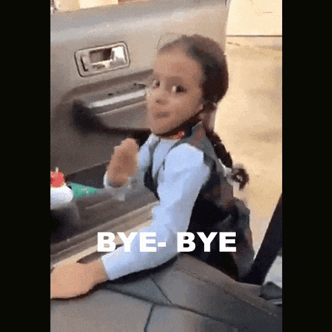a little girl is sitting in the back seat of a car with the words bye-bye written on the bottom .