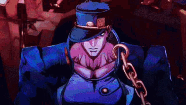 jotaro kujo from jojo 's bizarre adventure is wearing a blue hat and a blue suit .