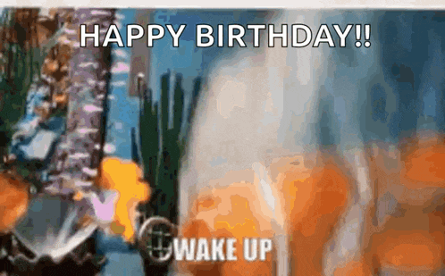 a happy birthday greeting card with a picture of a person and the words `` happy birthday ! wake up ''