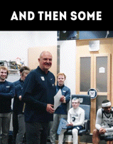a man stands in front of a group of people with the words " and then some " on the bottom