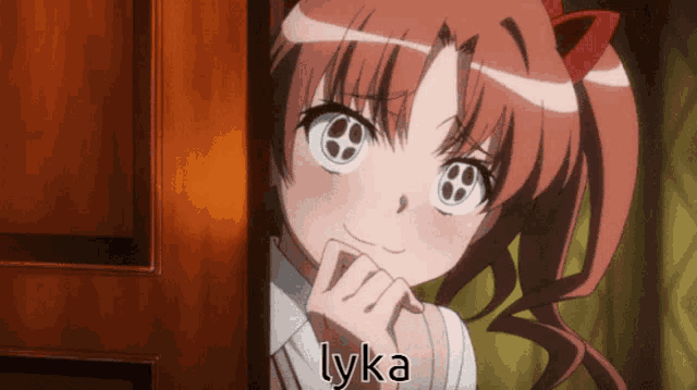 a girl is peeking out of a door and the word lyka is on the bottom