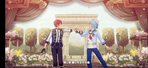 two anime characters standing next to each other in front of a stage with flowers in the background