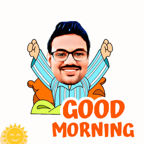 a good morning sticker with a man 's face and a teddy bear