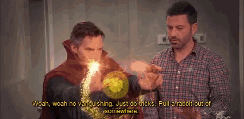 a man in a plaid shirt says woah woah no vanquishing just do tricks pull a rabbit out of somewhere .