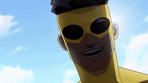 a cartoon character wearing sunglasses and a yellow mask smiles