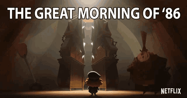 an advertisement for the great morning of '86 shows a man standing in front of a doorway