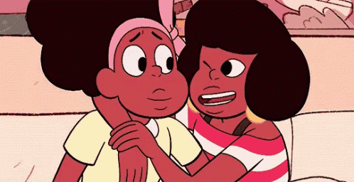two cartoon characters are hugging each other and one of them has a striped shirt on