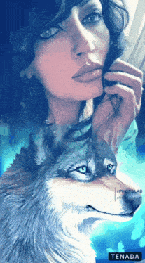 a painting of a woman and a wolf with the word tenada on the bottom right