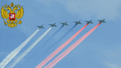 a row of fighter jets flying in a line with a russian coat of arms in the background