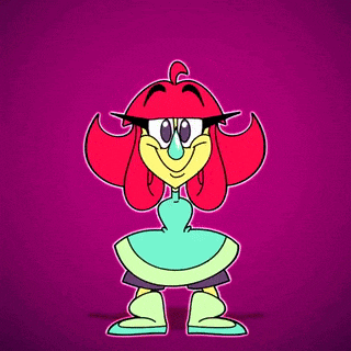 a cartoon character with a surprised look on her face is standing on a purple background