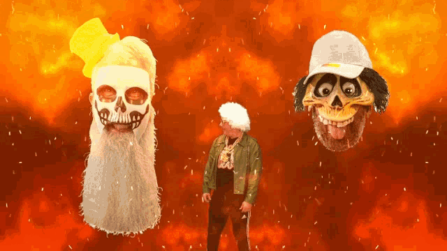 a man with a beard is surrounded by skulls and a hat with the word supreme on it