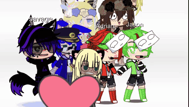 a group of gacha characters are posing for a picture with a pink heart in the middle