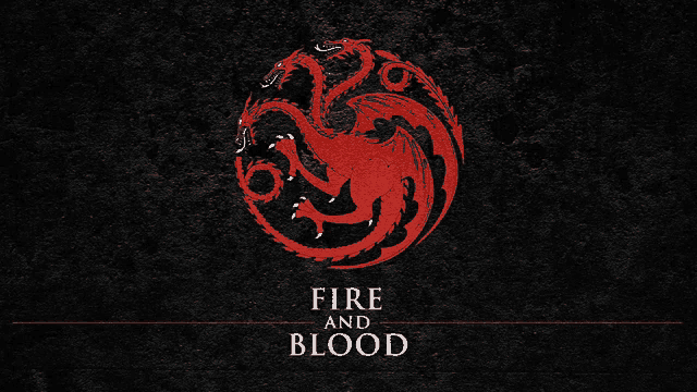 a black background with a red dragon and the words fire and blood below it