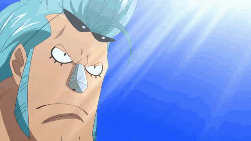 a cartoon character with blue hair and a sunglasses on his head