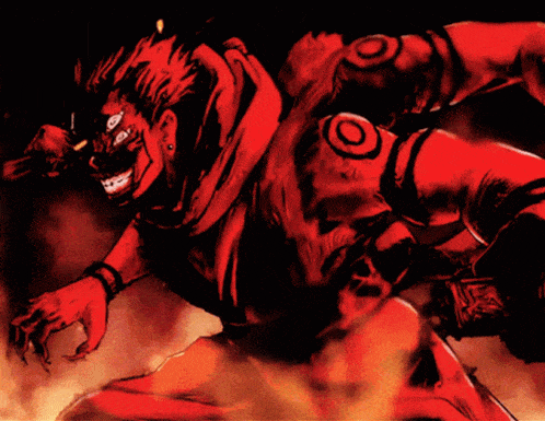 a red and black drawing of a person with a circle on their chest